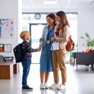 photo d'un enfant serrant la main a une dame qui est accompagnée par une autre dame, les dames et l'enfants sont souriants