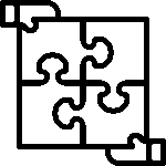 pictogramme d'un puzzle de 4 pièces tenu par les coins haut gauche et bas droite par des main